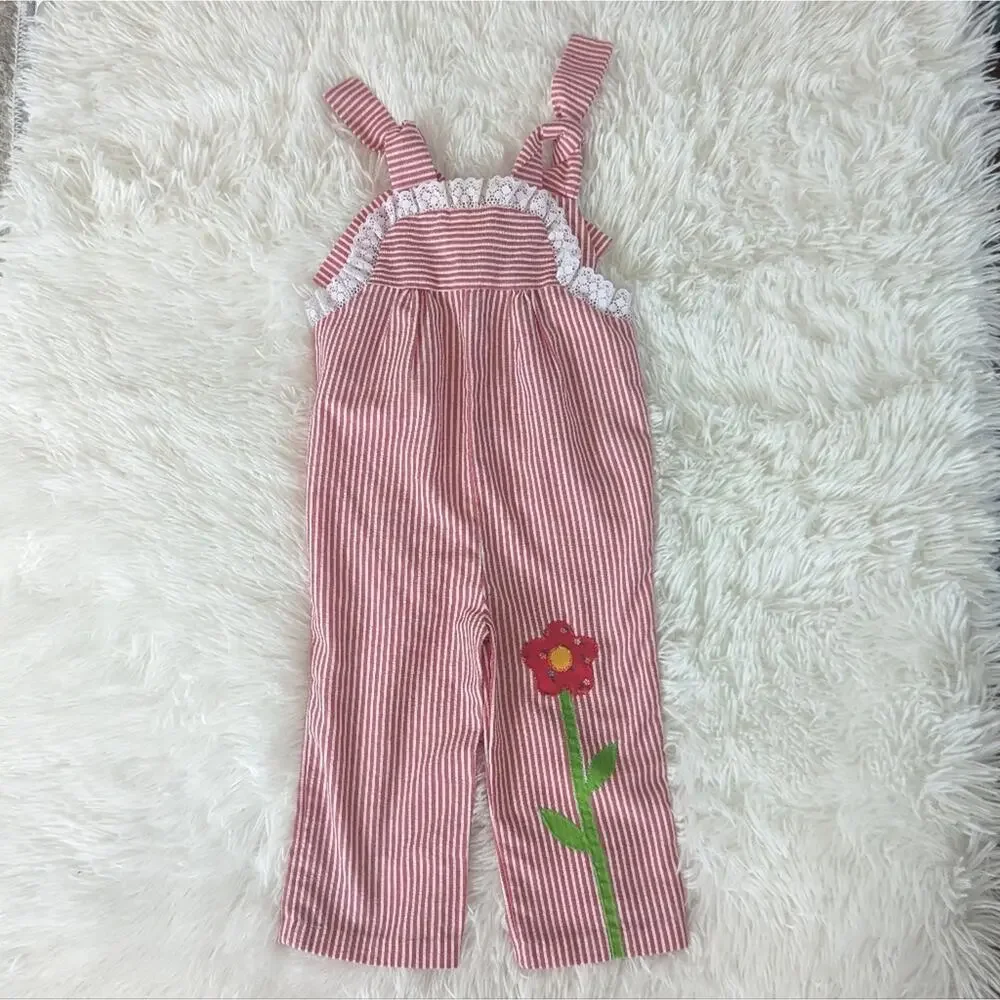 Vintage Girl's 1T Seersucker Red White Flower Jumpsuit Applique USA Made